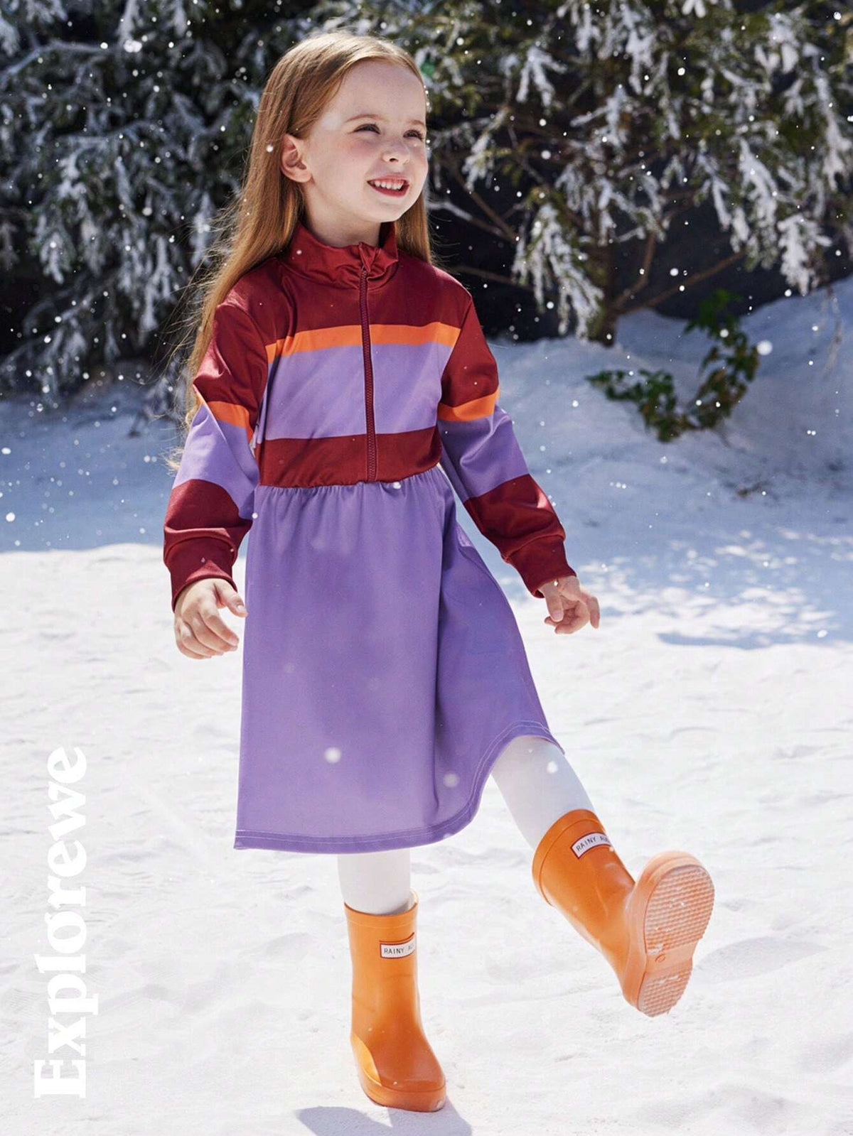 Young Girl Half-Zip Contrasting Striped Print Stand Collar Long Sleeve Dress, Winter