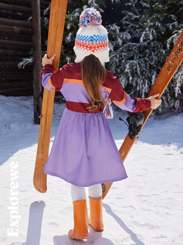 Young Girl Half-Zip Contrasting Striped Print Stand Collar Long Sleeve Dress, Winter
