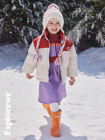 Young Girl Half-Zip Contrasting Striped Print Stand Collar Long Sleeve Dress, Winter