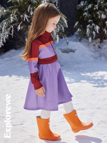 Young Girl Half-Zip Contrasting Striped Print Stand Collar Long Sleeve Dress, Winter