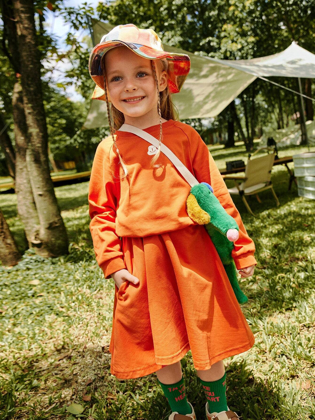 Young Girl Knitted Round Neck Casual Dress, Orange, Suitable For Daily Casual, Outdoor Camping, City Street