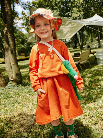 Young Girl Knitted Round Neck Casual Dress, Orange, Suitable For Daily Casual, Outdoor Camping, City Street