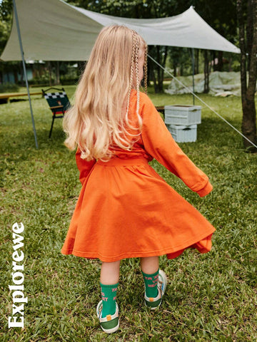 Young Girl Knitted Round Neck Casual Dress, Orange, Suitable For Daily Casual, Outdoor Camping, City Street