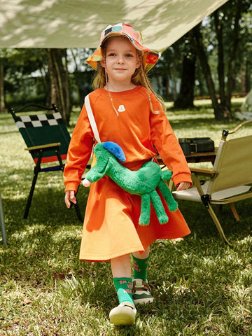 Young Girl Knitted Round Neck Casual Dress, Orange, Suitable For Daily Casual, Outdoor Camping, City Street