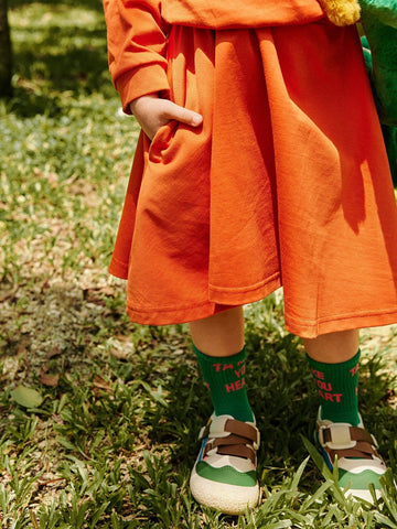 Young Girl Knitted Round Neck Casual Dress, Orange, Suitable For Daily Casual, Outdoor Camping, City Street