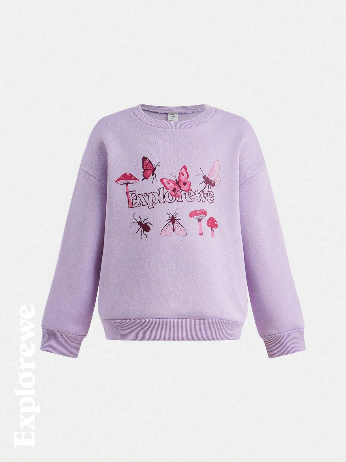 Explorewe Young Girl' Lavender Round Neck Butterfly Print Outdoor Long Sleeve Fleece Hoodie