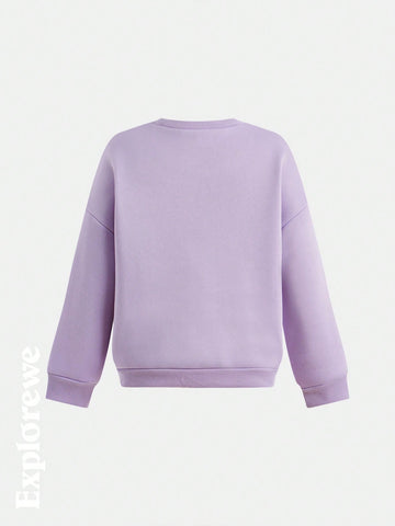 Explorewe Young Girl' Lavender Round Neck Butterfly Print Outdoor Long Sleeve Fleece Hoodie