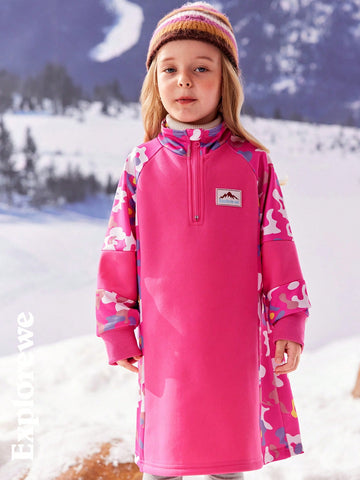 Explorewe Young Girl Patchwork Floral Print Casual Outdoor Dress, Autumn/Winter