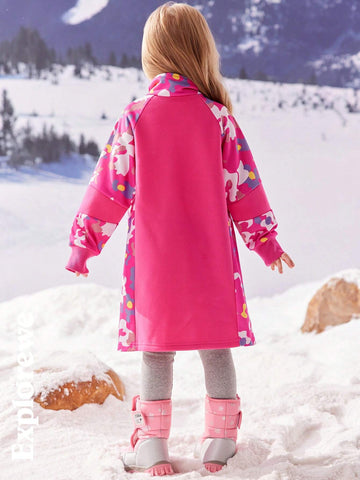 Explorewe Young Girl Patchwork Floral Print Casual Outdoor Dress, Autumn/Winter