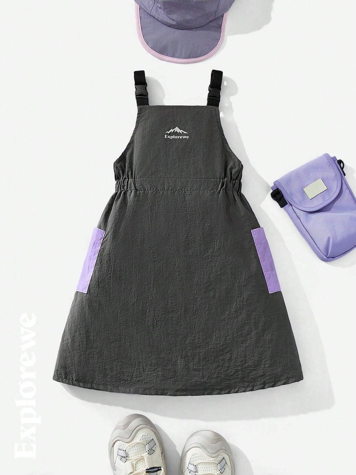 Young Girl' Wide Strap Letter Print Patchwork Solid Color Dress
