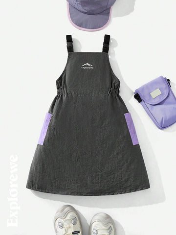 Young Girl' Wide Strap Letter Print Patchwork Solid Color Dress