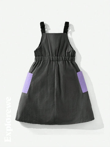 Young Girl' Wide Strap Letter Print Patchwork Solid Color Dress