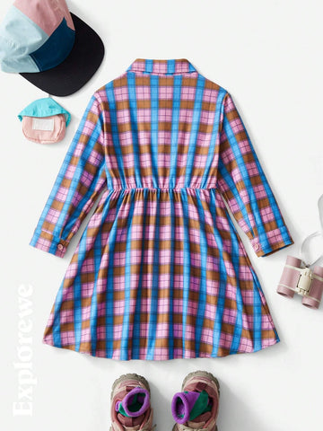 Young Girl's Checkered Print Sweet & Energetic Front Button Shirt Dress