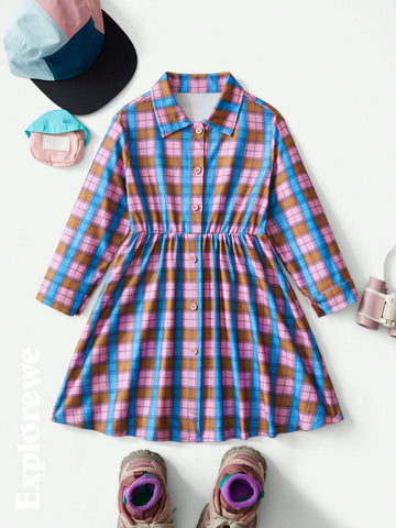 Young Girl's Checkered Print Sweet & Energetic Front Button Shirt Dress