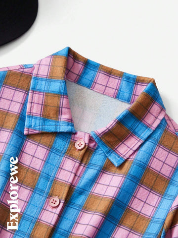 Young Girl's Checkered Print Sweet & Energetic Front Button Shirt Dress