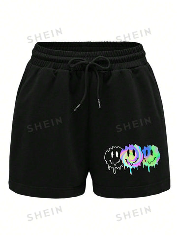 Expression Print Drawstring Waist Shorts