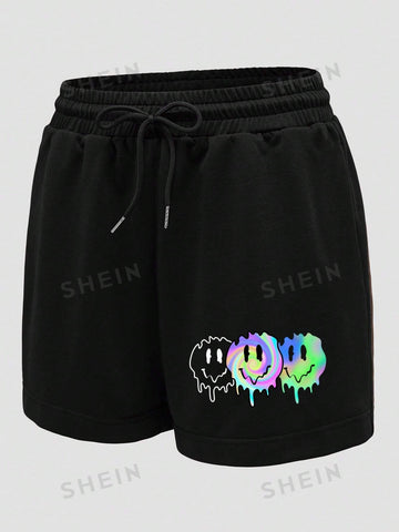 Expression Print Drawstring Waist Shorts