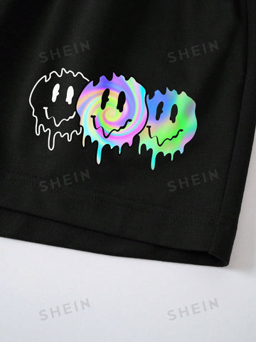 Expression Print Drawstring Waist Shorts