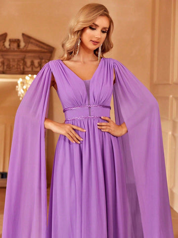 Extra-long Sleeve Ruched Chiffon Bridesmaid Dress