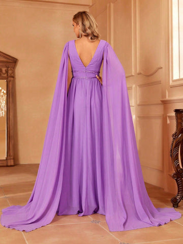 Extra-long Sleeve Ruched Chiffon Bridesmaid Dress