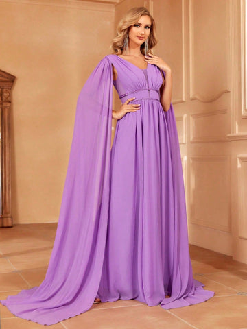 Extra-long Sleeve Ruched Chiffon Bridesmaid Dress