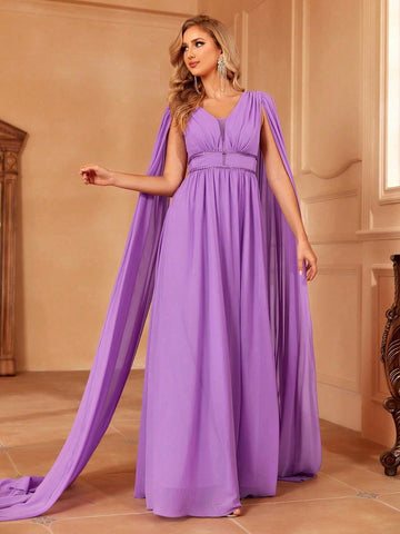 Extra-long Sleeve Ruched Chiffon Bridesmaid Dress