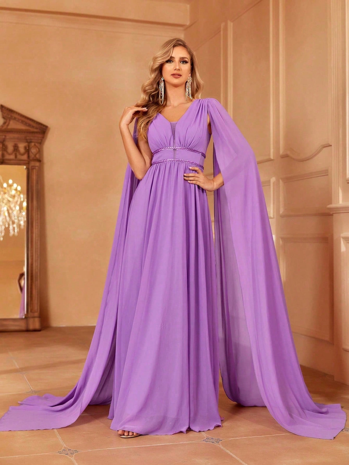 Extra-long Sleeve Ruched Chiffon Bridesmaid Dress