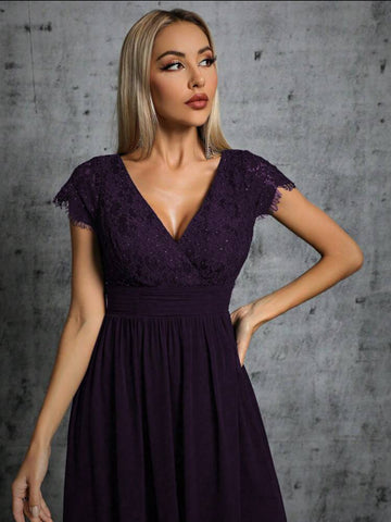 Contrast Lace Wrap Hem Chiffon Bridesmaid Dress