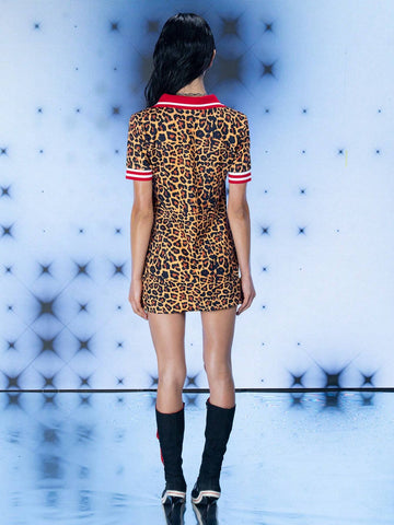 Women Leopard Printed Sporty Polo Dress Casual Street Fall Multi-Color
