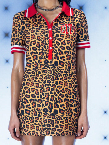 Women Leopard Printed Sporty Polo Dress Casual Street Fall Multi-Color