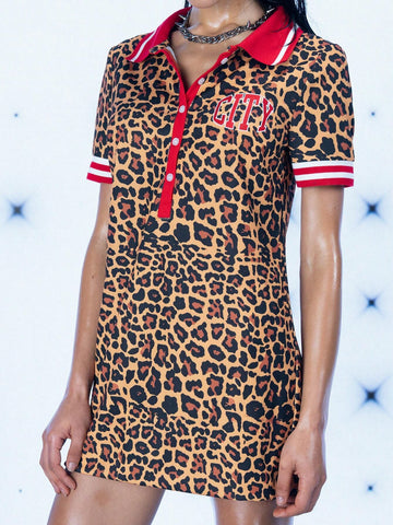 Women Leopard Printed Sporty Polo Dress Casual Street Fall Multi-Color