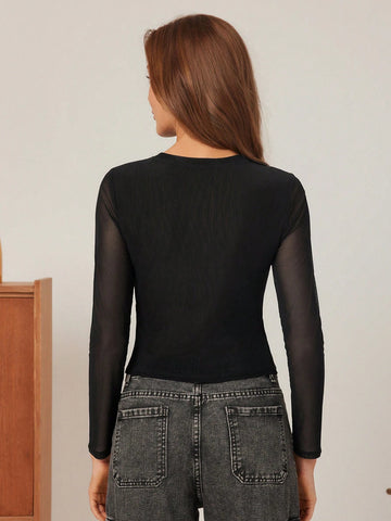 1pc Women Rhinestone Letter Graphic Fitted Long Sleeve T-Shirt, Casual Daily Wear For Autumn