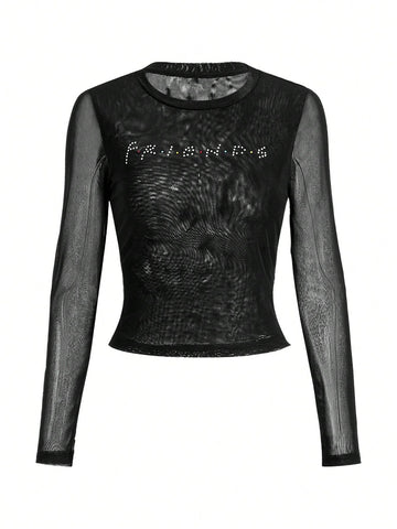 1pc Women Rhinestone Letter Graphic Fitted Long Sleeve T-Shirt, Casual Daily Wear For Autumn