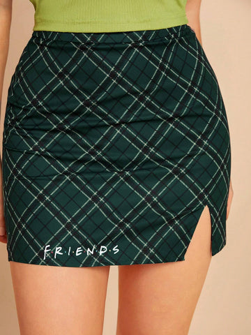 Letter Graphic Mock Neck Tank Top & Plaid Skirt Set