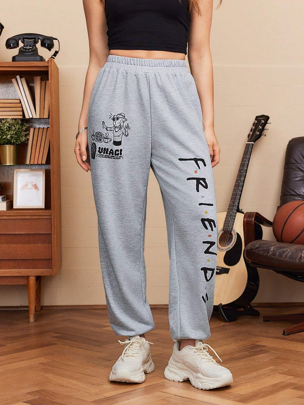 FRIENDS Casual Elastic Waist Drawstring Cuffed Sweatpants With Letter Pattern