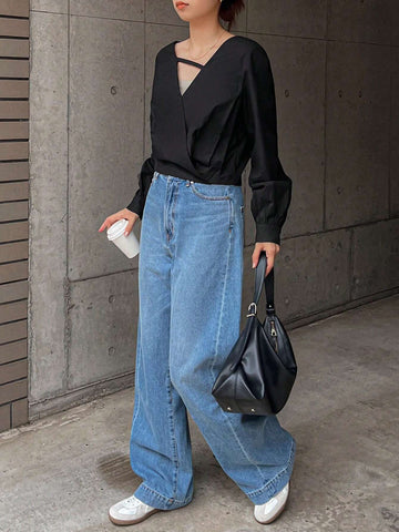 1pc Women Casual Solid Color Lantern Sleeve Wrap Shirt, Autumn