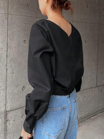 1pc Women Casual Solid Color Lantern Sleeve Wrap Shirt, Autumn