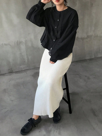 1pc Women's Solid Color Front Button Long Sleeve Casual Blouse