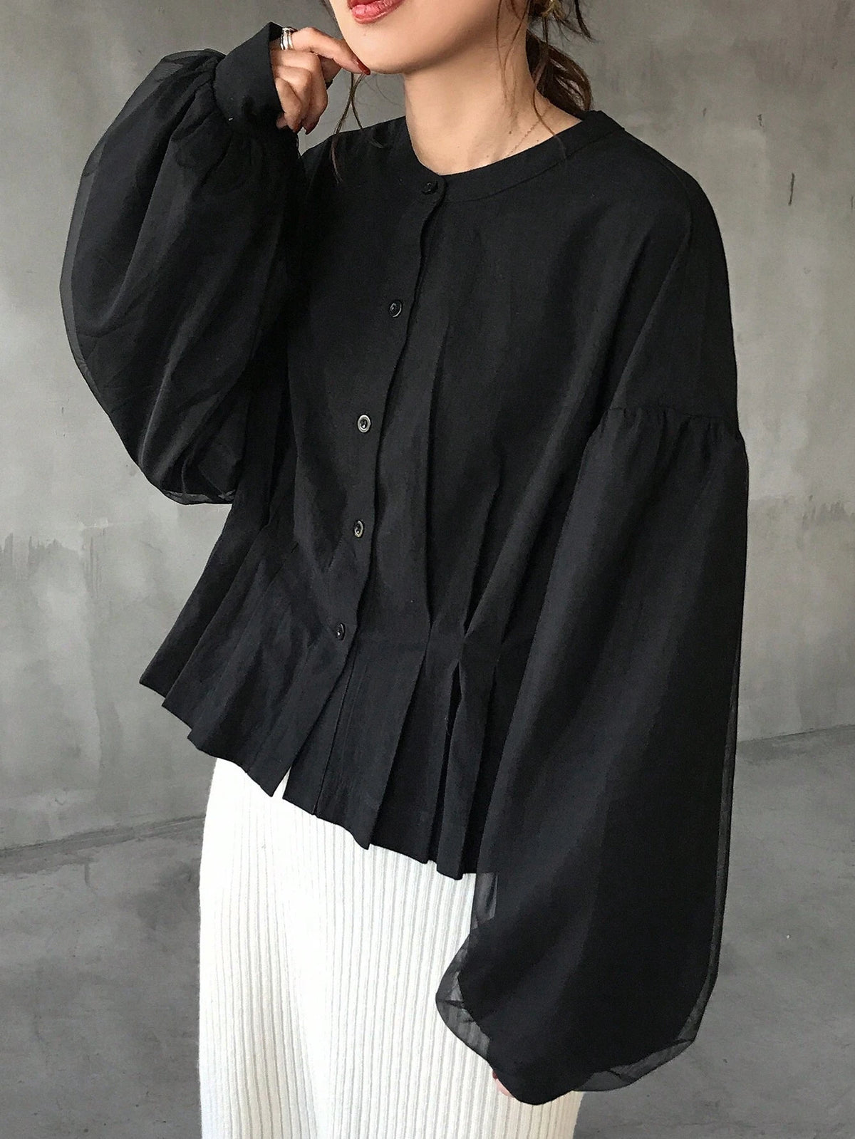 1pc Women's Solid Color Front Button Long Sleeve Casual Blouse