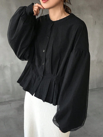 1pc Women's Solid Color Front Button Long Sleeve Casual Blouse