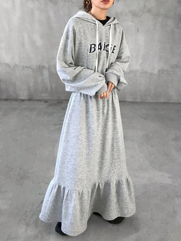 FRIFUL 2pcs/Set Women's Letter Print Minimalist Hoodie Top And Mini Skirt Set