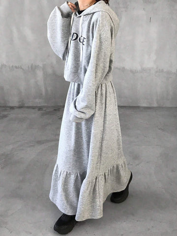 FRIFUL 2pcs/Set Women's Letter Print Minimalist Hoodie Top And Mini Skirt Set