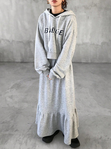 FRIFUL 2pcs/Set Women's Letter Print Minimalist Hoodie Top And Mini Skirt Set