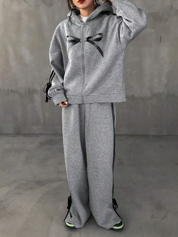 FRIFUL 2pcs Women Bow Contrast Color Zipper Hoodie Top And Pants Casual Set
