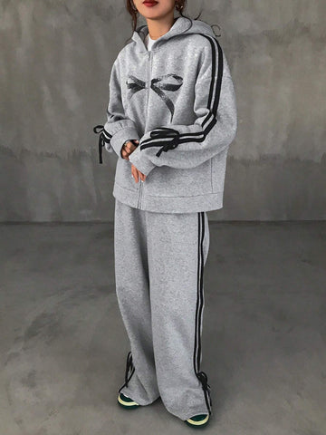 FRIFUL 2pcs Women Bow Contrast Color Zipper Hoodie Top And Pants Casual Set