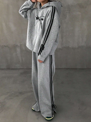 FRIFUL 2pcs Women Bow Contrast Color Zipper Hoodie Top And Pants Casual Set