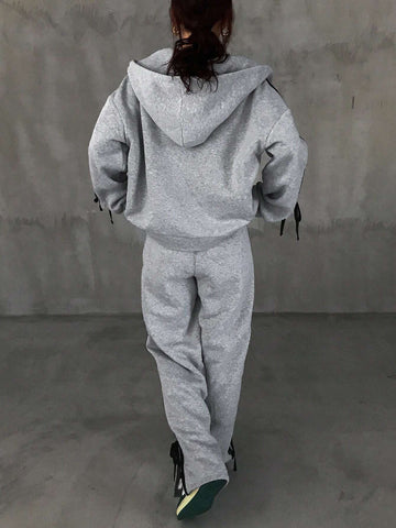 FRIFUL 2pcs Women Bow Contrast Color Zipper Hoodie Top And Pants Casual Set