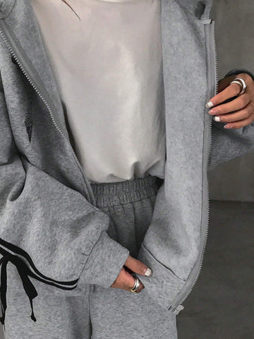 FRIFUL 2pcs Women Bow Contrast Color Zipper Hoodie Top And Pants Casual Set