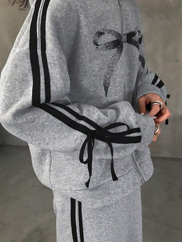 FRIFUL 2pcs Women Bow Contrast Color Zipper Hoodie Top And Pants Casual Set