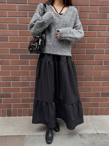 FRIFUL 2pcs Women Solid Color Long Sleeve Casual Simple Fashionable Daily Skirt Set